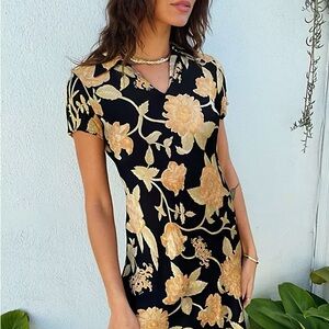 Compagnie Internationale Express Satin Floral Dress L Black Gold Dark Cottage
